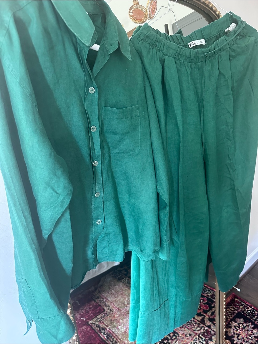 Zara Emerald Green Button-Up Shirt and Skirt Set